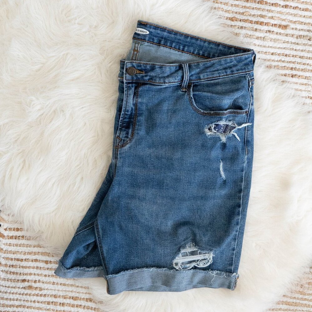 Old Navy Bermuda Jean Shorts Size 16 | Cuffed Distressed Denim Mid Rise